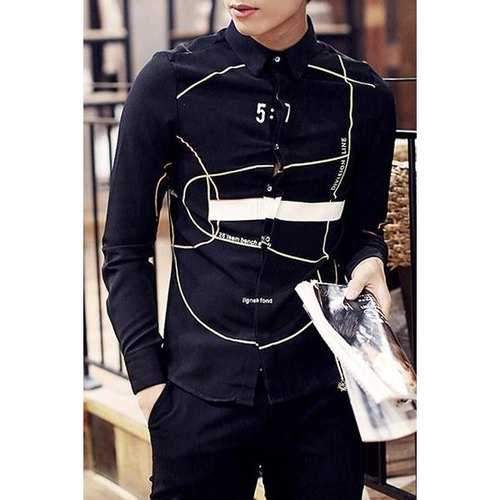 Linellae Splicing Letter Numbers Print Turn-Down Collar Long Sleeve Men's Shirt - Black L