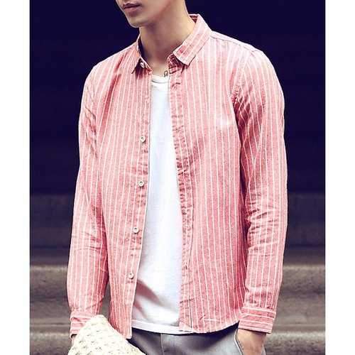 Slimming Turn-down Collar Color Block Cotton+Linen Long Sleeves Men's Striped Shirt - Red Xl