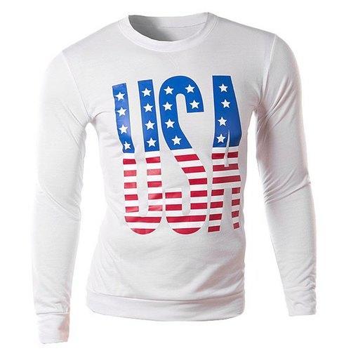 Stylish Round Neck Stars and Stripes Print Slimming Long Sleeve Cotton Blend Sweatshirt For Men - White Xl