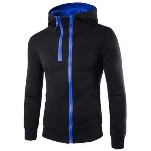 Street Style Hooded Color Splicing Half-Zipper Rib Spliced Long Sleeves Slimming Men's Flocked Hoodie - Black L