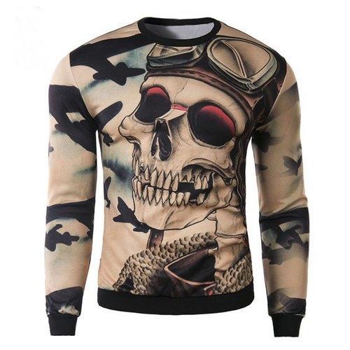 Trendy Round Neck 3D Skull Pattern Slimming Long Sleeve Cotton Blend Sweatshirt For Men - Dark Khaki Xl