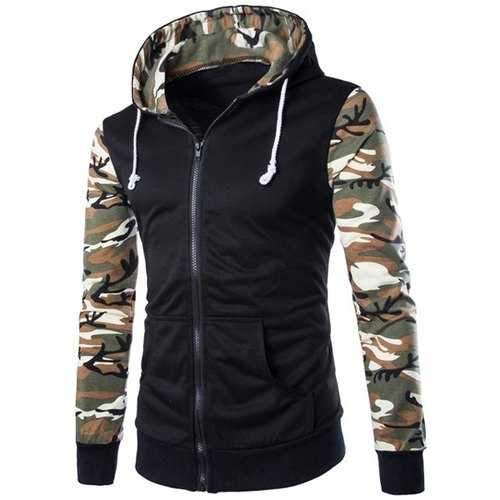 Classic Camo Spliced Rib Hem Color Block Slimming Hooded Long Sleeves Men's Fashion Hoodie - Green Xl