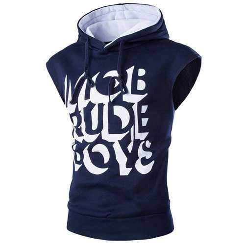 Fashion Hooded Funny 3D Abstract Print Color Splicing Sleeveless Men's Slimming Flocked Hoodie - Cadetblue L
