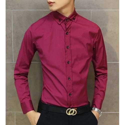 Casual Style Solid Color Cotton Blend Slimming Men's Long Sleeves Pin Collar Shirt - Wine Red Xl