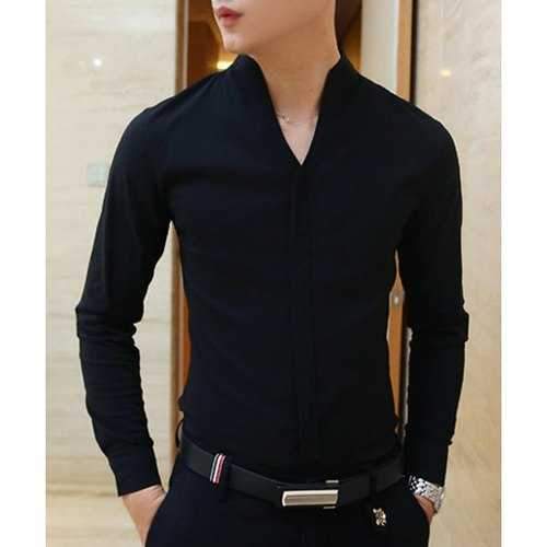 Stylish Stand Collar Special French Front Solid Color Slimming Men's Long Sleeves Shirt - Black L