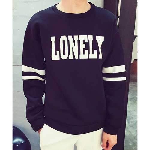 Stylish Loose Fit Round Neck Letters Stripes Pattern Space Cotton Men's Long Sleeves Sweatshirt - Black L