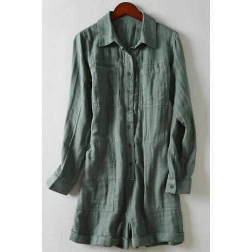 Casual Style Polo Color Pockets Single-Breasted Long Sleeve Romper For Women - Deep Green L