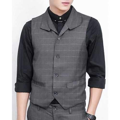 Turn-Down Collar Belt Design Sleeveless Check Pattern Cotton Blends Men's Waistcoat - Gray 2xl