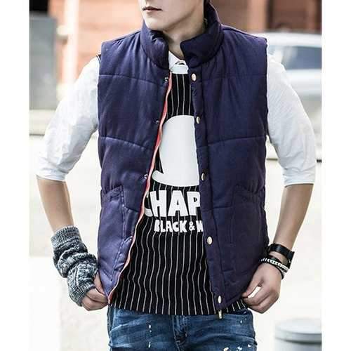 Trendy Stand Collar Large Pocket Zipper Design Slimming Sleeveless Polyester Thicken Waistcoat For Men - Purplish Blue 2xl