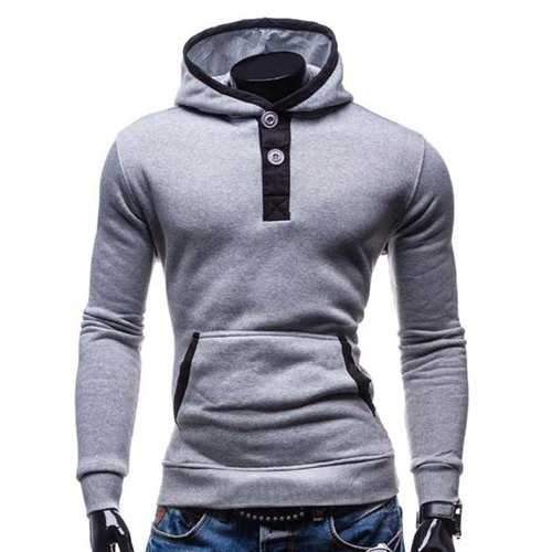 Fashion Hooded Color Splicing Button Design Slimming Long Sleeve Cotton Blend Hoodie For Men - Light Gray L