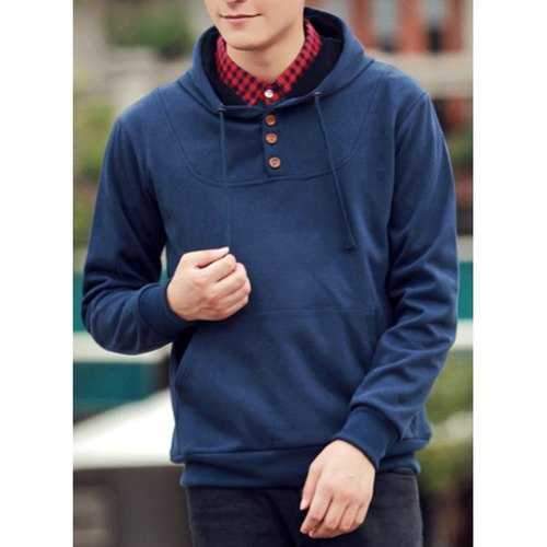 Drawstring Hooded Buttons Embellished Solid Color Long Sleeve Pocket Men's Hoodie - Purplish Blue L