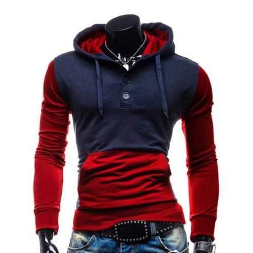 Fashion Hooded Two Color Splicing Button Design Slimming Long Sleeve Cotton Blend Hoodie For Men - Red L