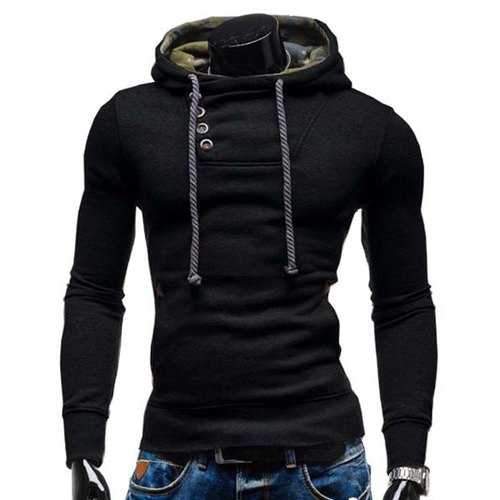 Oblique Button Elbow Patch Pullover Hoodie - Black Xl