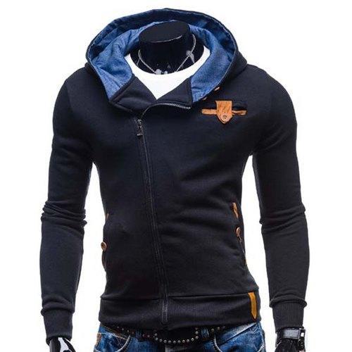 Modish Hooded Patched Splicing Oblique Zipper Slimming Long Sleeve Polyester Hoodie For Men - Black L