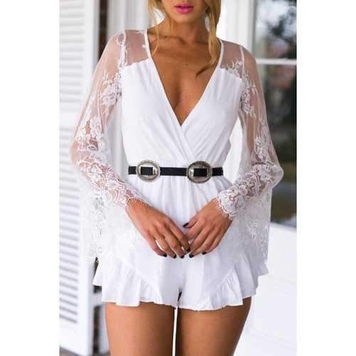 Sexy Style Plunging Neck See-Through Lace Splicing Long Sleeve Romper For Women - White S