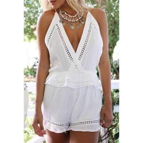 Stylish Cami White Hollow Women's Playsuit - White S
