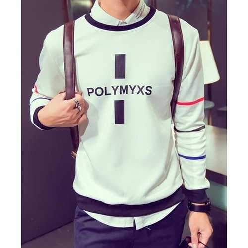 Colorized Stripes Spliced Letters Print Rib Hem Round Neck Loose Fit Men's Full Sleeves Sweatshirt - White Xl