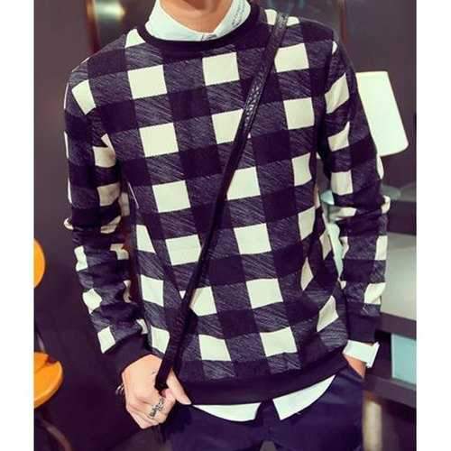 Loose Fit Round Neck Rib Spliced Color Block Long Sleeves Men's Plaid Pullover Sweatshirt - Checked Xl