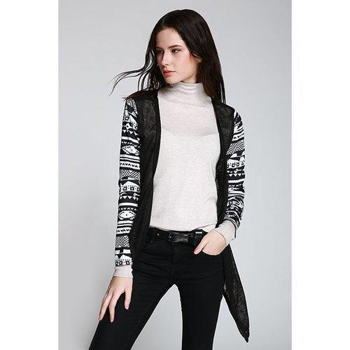 Collarless Open Front Asymmetric Cardigan - Black S