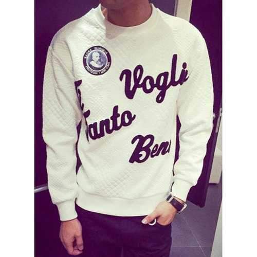 Slimming Round Neck Flocking Letters Argyle Knurling Long Sleeves Men's Fashion Sweatshirt - White M