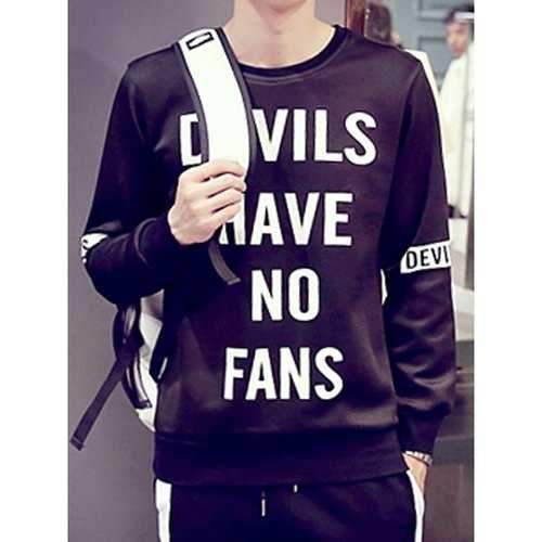 Fashion Letter Print Round Neck Long Sleeve Men's Cotton Blends Sweatshirt - Black M