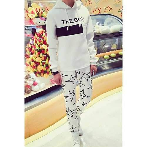 Casual Hooded One Patch Pocket Letters Print Slimming Long Sleeves Men's Pullover Hoodie+Sweatpants - White L