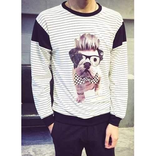 Loose-Fitting Round Neck Stripe Splicing 3D Dog Print Long Sleeve Men's Sweatshirt - White M
