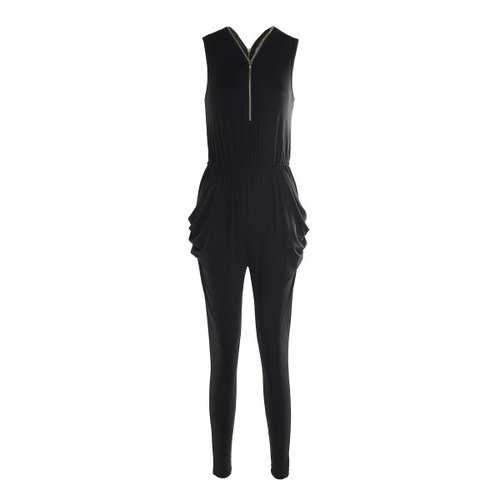 Stylish Plunging Neck Sleeveless Zipper and Pocket Design Women's Black Jumpsuit - Black M