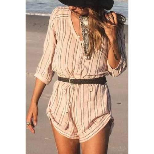 Fashionable V Neck Stripe Buttons 3/4 Sleeve Romper For Women - Pink S