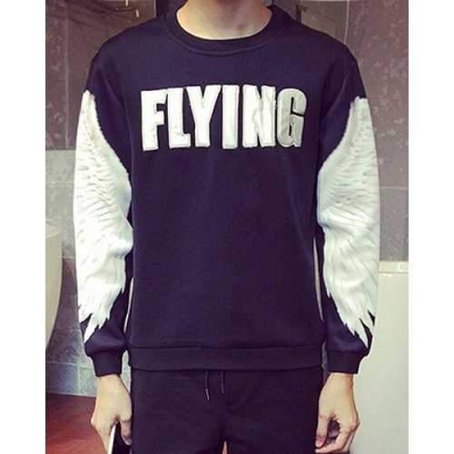 PU-Leather Letter Splicing Round Neck Feather Pattern Long Sleeve Men's Sweatshirt - Black 2xl