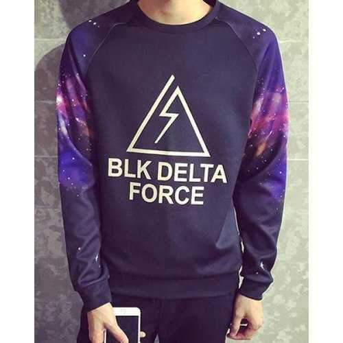 Starry Sky 3D Printed Splicing Letter Print Round Neck Long Sleeve Men's Sweatshirt - Purple M