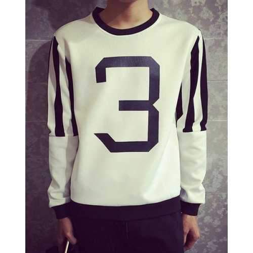 Vertical Stripe Splicing Number Print Round Neck Long Sleeve Men's Sweatshirt - White 3xl