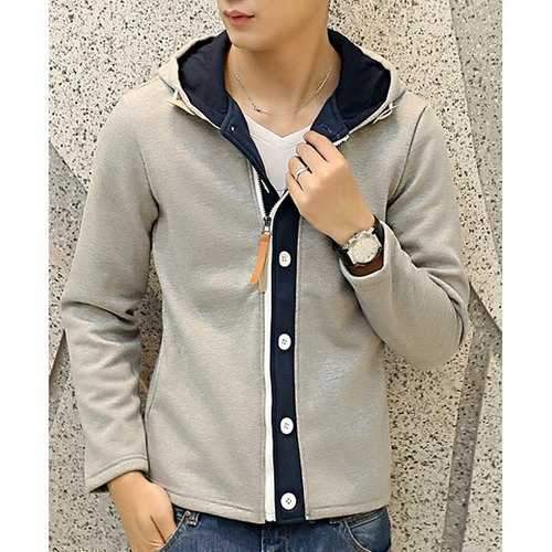 Slimming Hooded Zipper Embellished Color Block Men's Long Sleeves Hoodie - Gray Xl