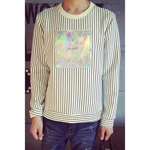 Bright Color Applique Hit Color Loose Fit Round Neck Long Sleeves Men's Striped Sweatshirt - White L