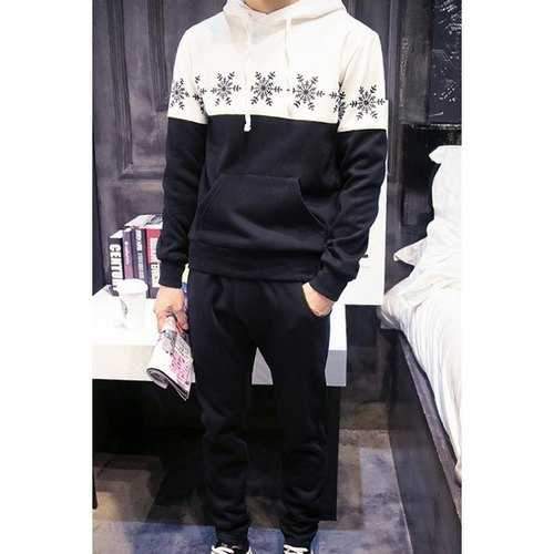 Trendy Snowflake Print Color Block Splicing Slimming Men's Hoodie and Sweatpants Two-Piece - Black M