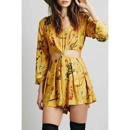 Fashionable V Neck Hollow Out Floral Print Long Sleeve Romper For Women - Yellow M