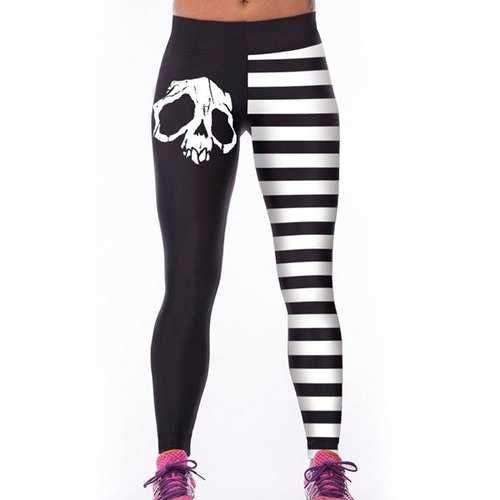 Active Elastic Waist Striped Skull Print Women's Leggings - White And Black One Size(fit Size Xs To M)