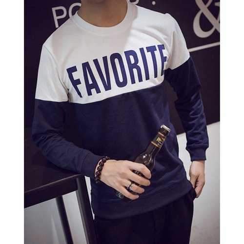 Elegant Color Splicing Letters Print Round Neck Long Sleeves Men's Fitted Sweatshirt - Blue Xl