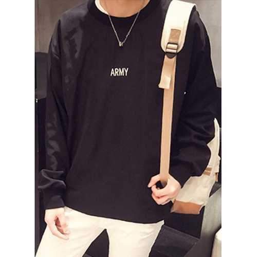 Loose-Fitting Round Neck Letter Long Sleeve Drawstring Men's Polyester Sweatshirt - Black L