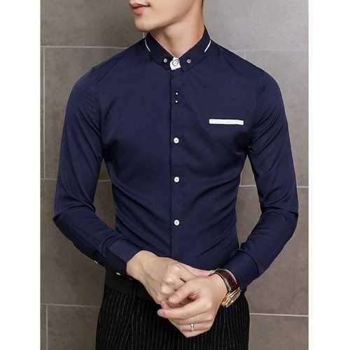 Elegant Breast Pocket Color Block Slimming Long Sleeves Men's Button-Down Shirt - Cadetblue L