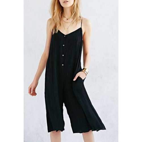 Simple Design Spaghetti Strap Sleeveless Button and Pocket Design Women's Jumpsuit - Black Xl