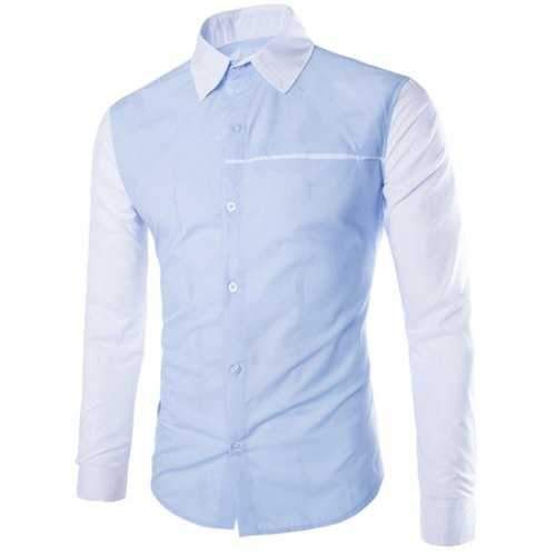 Modish Slimming Shirt Collar Two Color Splicing Sutures Design Long Sleeve Polyester Shirt For Men - Light Blue M