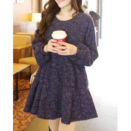 Sweet Scoop Neck Long Sleeve Solid Color Flounced Women's Dress - Purplish Blue M