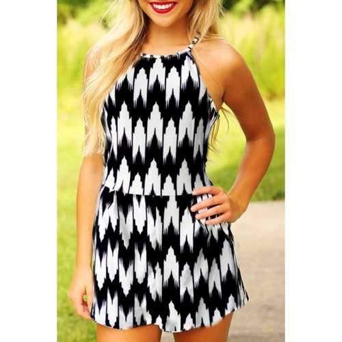 Fashionable Spaghetti Strap Black White Print Sleeveless Romper For Women - White And Black Xl