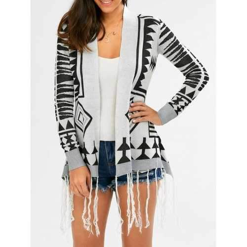 Fashionable Geometric Pattern Tassel Embellished Long Sleeve Cardigan For Women - S