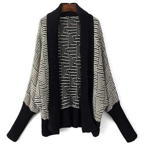 Ethnic Collarless Dolman Sleeve Geometric Cardigan For Women - Black One Size(fit Size Xs To M)