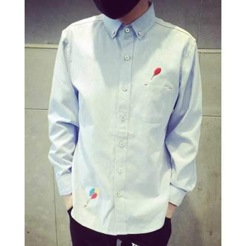 Modish Slimming Shirt Collar Colorful Balloons Print Long Sleeve Cotton Blend Button-Down Shirt For Men - Light Blue L
