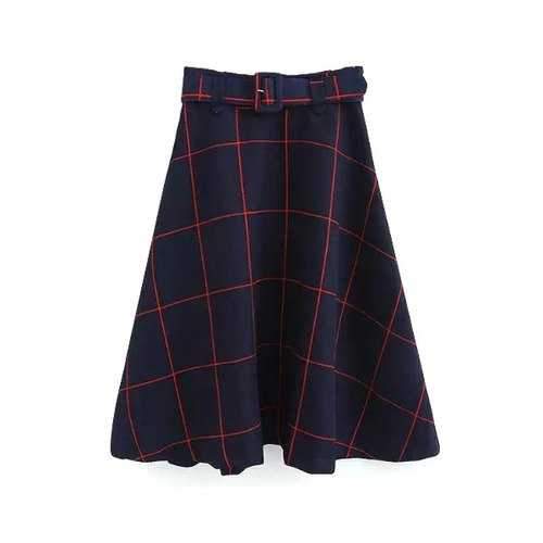 Stylish High-Waisted Plaid A-Line Women's Midi Skirt With Belt - Red S