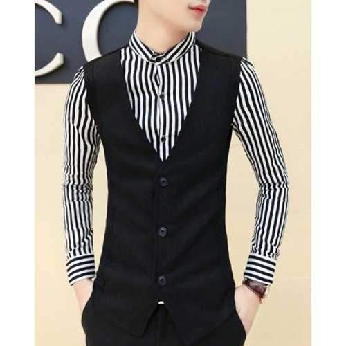 Trendy Slimming Shirt Collar Vertical Stripe Splicing Faux Twinset Long Sleeve Cotton Blend Shirt For Men - Black M