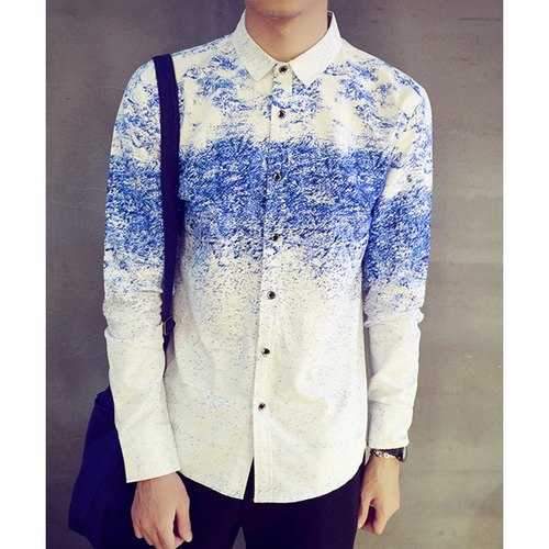 Plus Size Fashion Color Block Abstract Print Turn-down Collar Long Sleeves Men's Slim Fit Shirt - Azure L